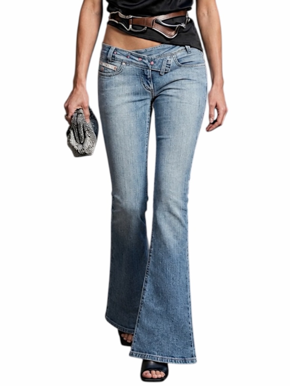 Y2K Parasuco low rise blue crisscross waist pink gem flare leg stretch jeans 27